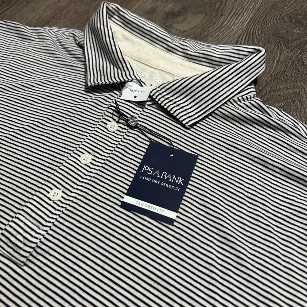 Jos A Bank Polo Shirt XXL White Black Striped Comfort Stretch Tailored Fit New